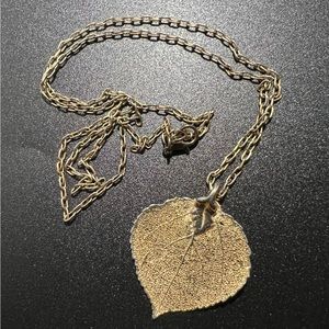 Vintage 24k Gold Dipped Aspen Leaf Pendant 25” Brass Box Link Chain Necklace